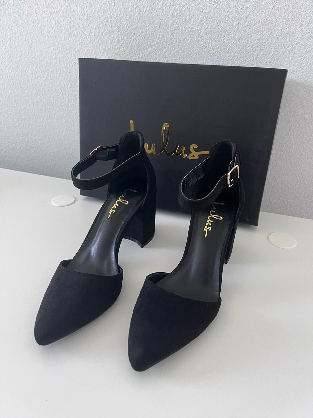 Lulu's Black Suede Pointed Toe Ankle Strap Block Heels